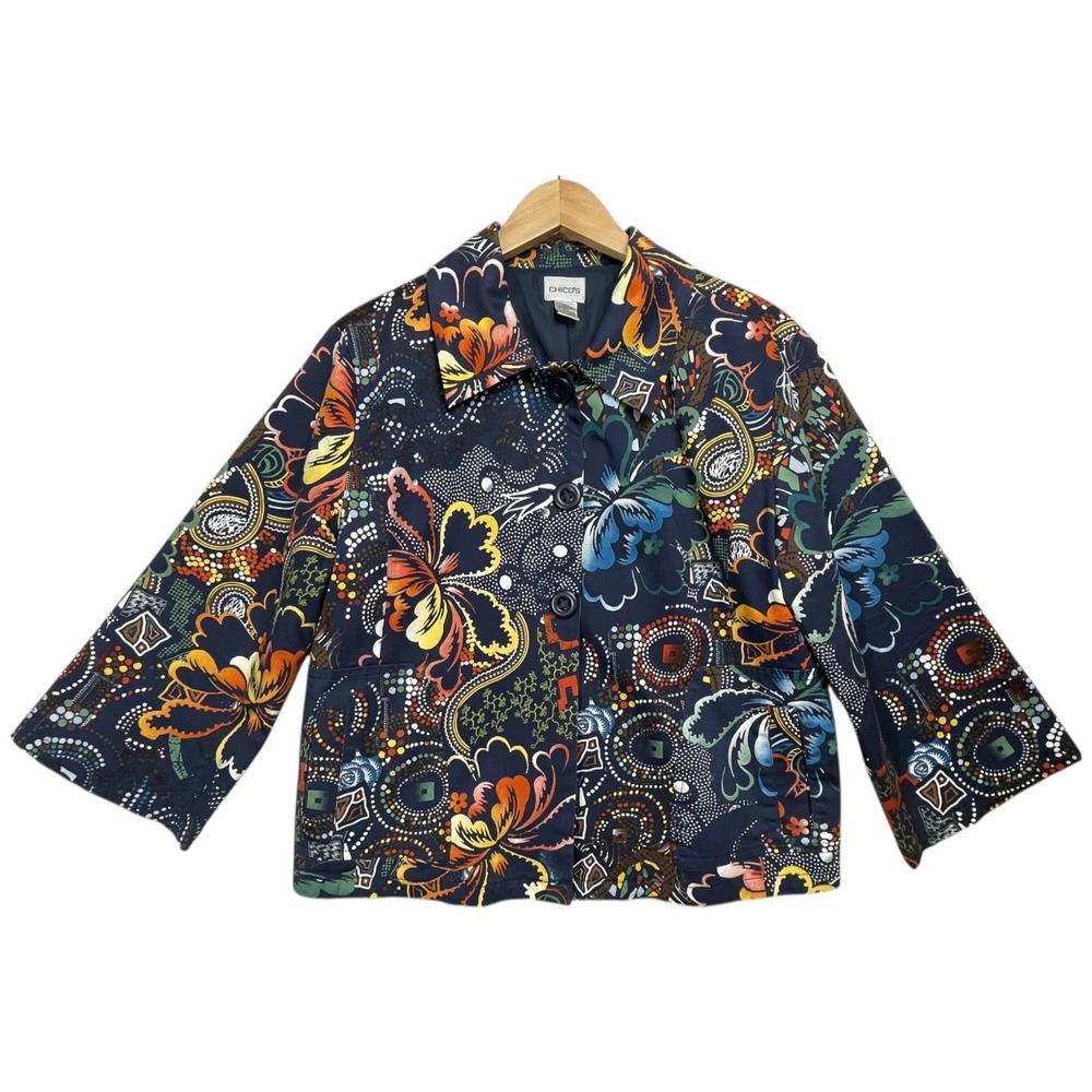 Chicos 2 Jacket Women L Multicolor Floral Button Psychedelic‎ Artsy Blazer